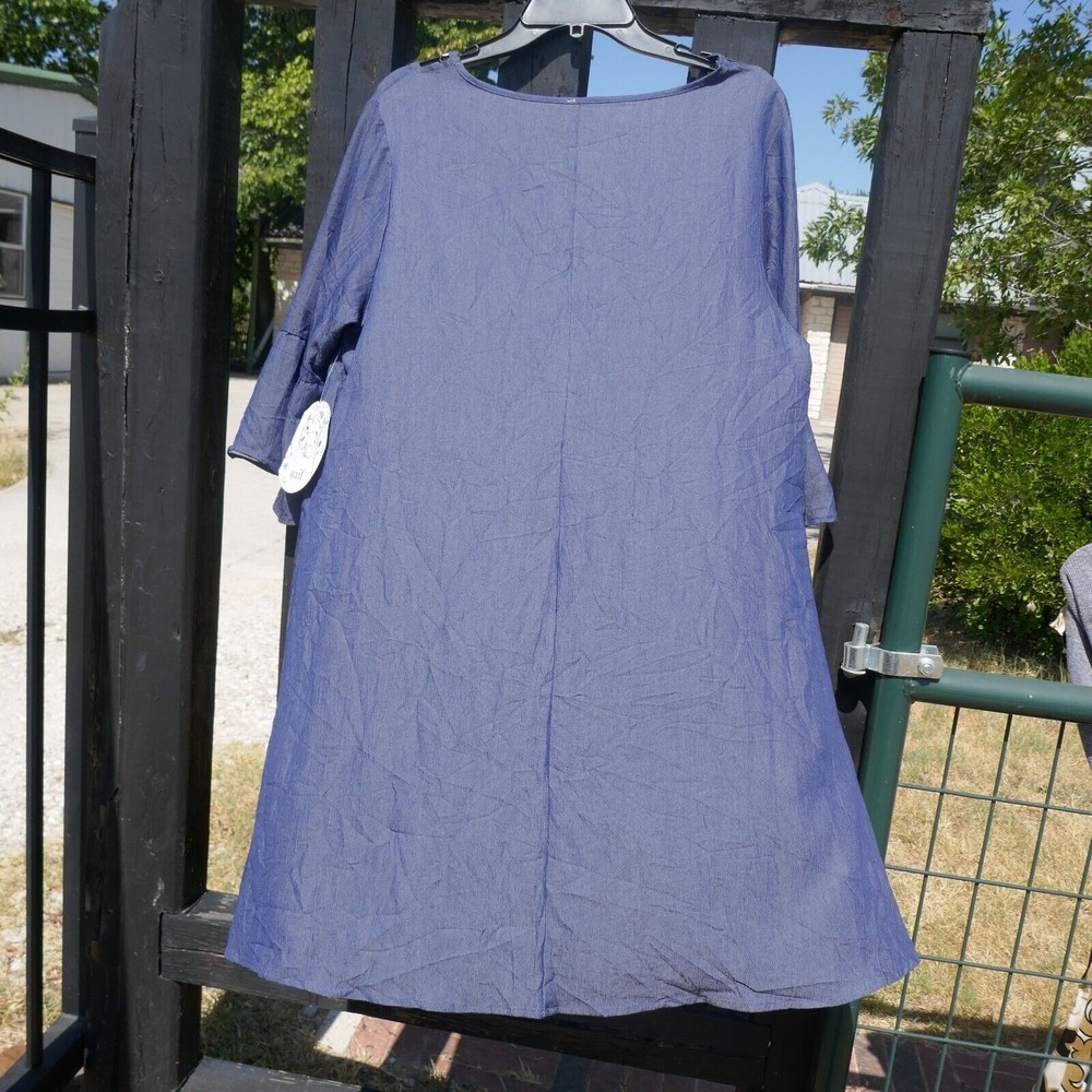 Naif Pullover Swing Dress Denim Blue Chambray NWT 1X Bell Sleeve - Picture 7 of 9